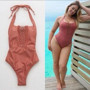 Aerie Macrame Boho Scoop Neck Halter One Piece Swimsuit Bathing Suit